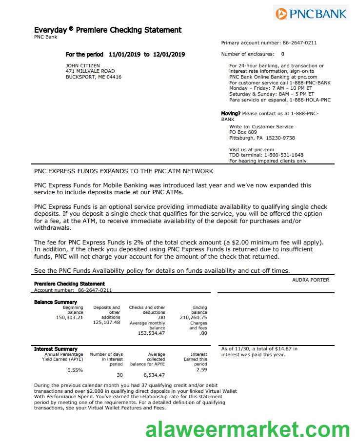 USA PNC bank proof of address statement template in Word and PDF format